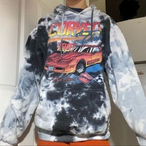 tie dye navy blue white corvette car graphic hoodie